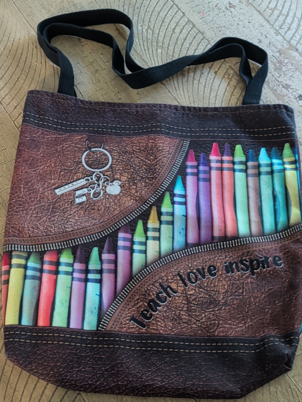 Multicolor Crayon Print Tote Bag in Brown - Teach Love Inspire